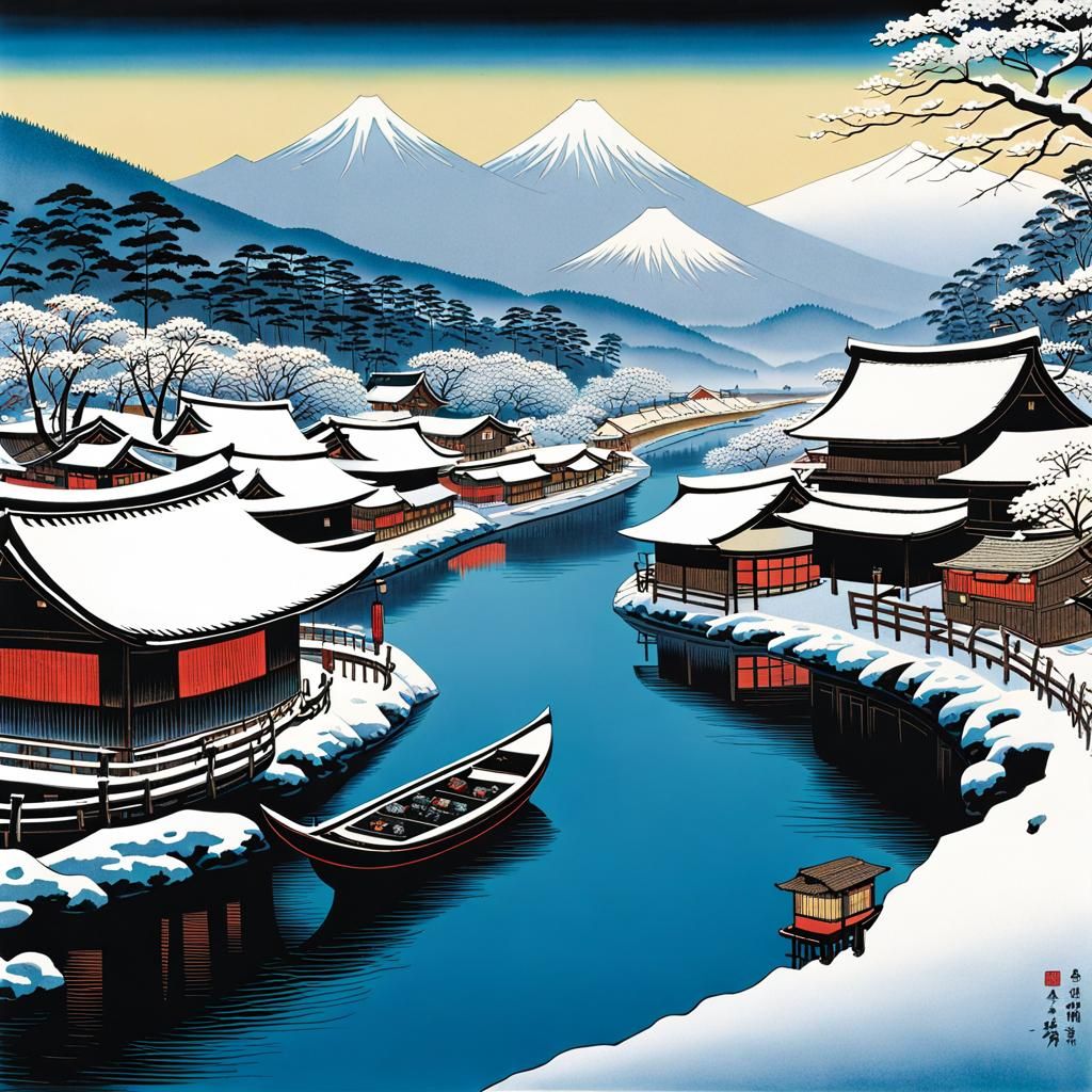 Edo River Village in Chawan: Ukiyo-e Winter Scene