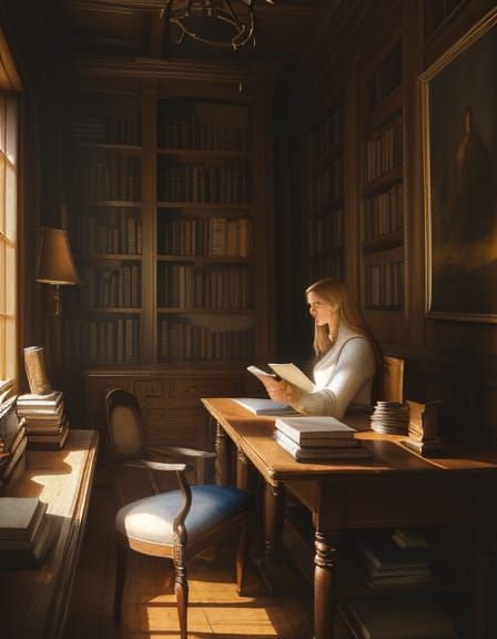 Cozy Oil Painting of Woman Reading in Library