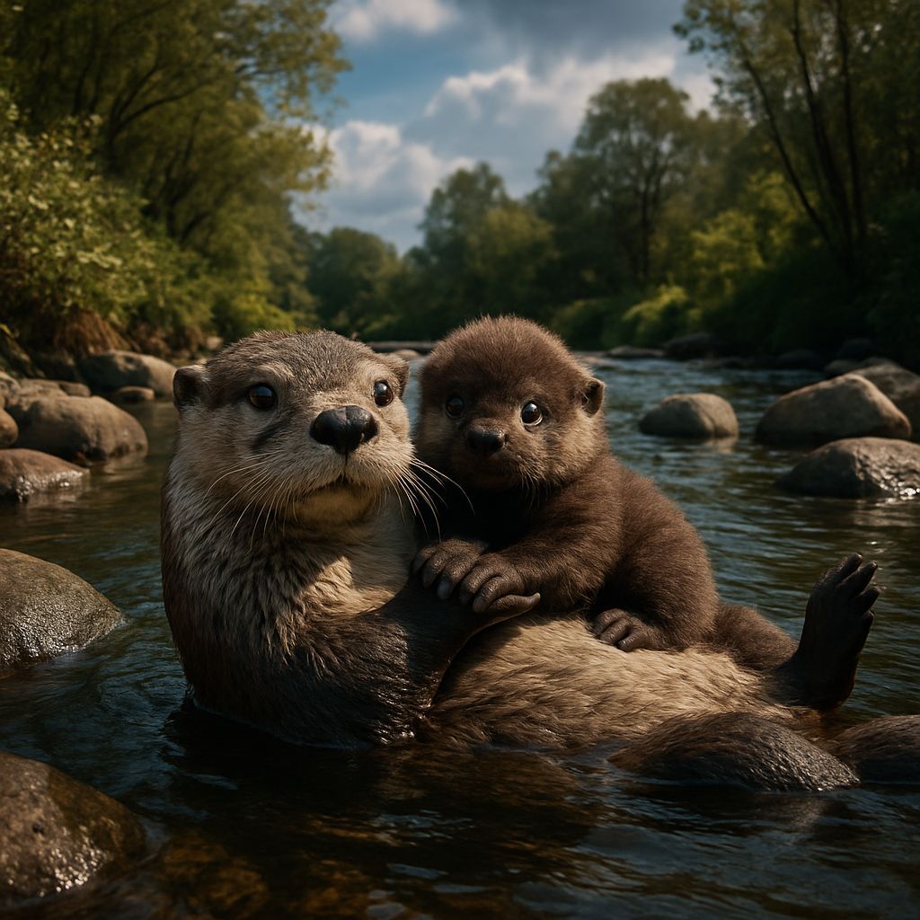 Otter with Baby Playing in Stream, Hyperrealistic