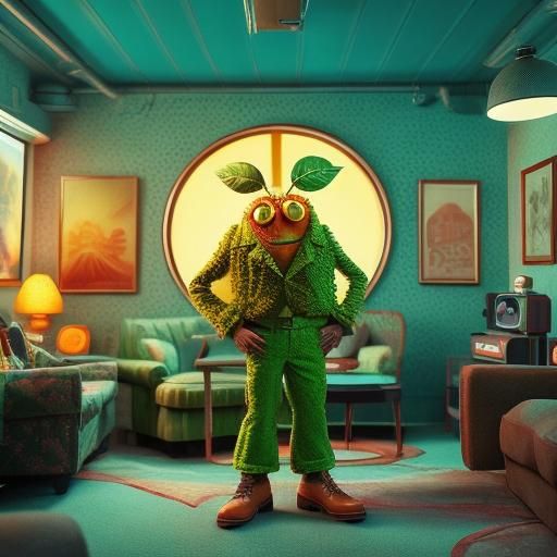 Anthropomorphic Lemon in 1970s Retrofuturistic Scene