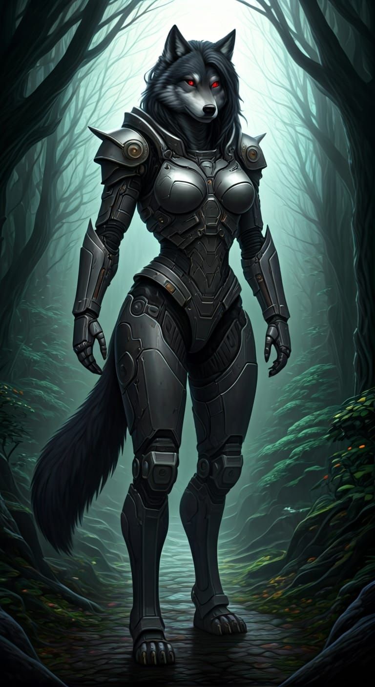 Wolf-Woman in Power Armor in Mystical Forest