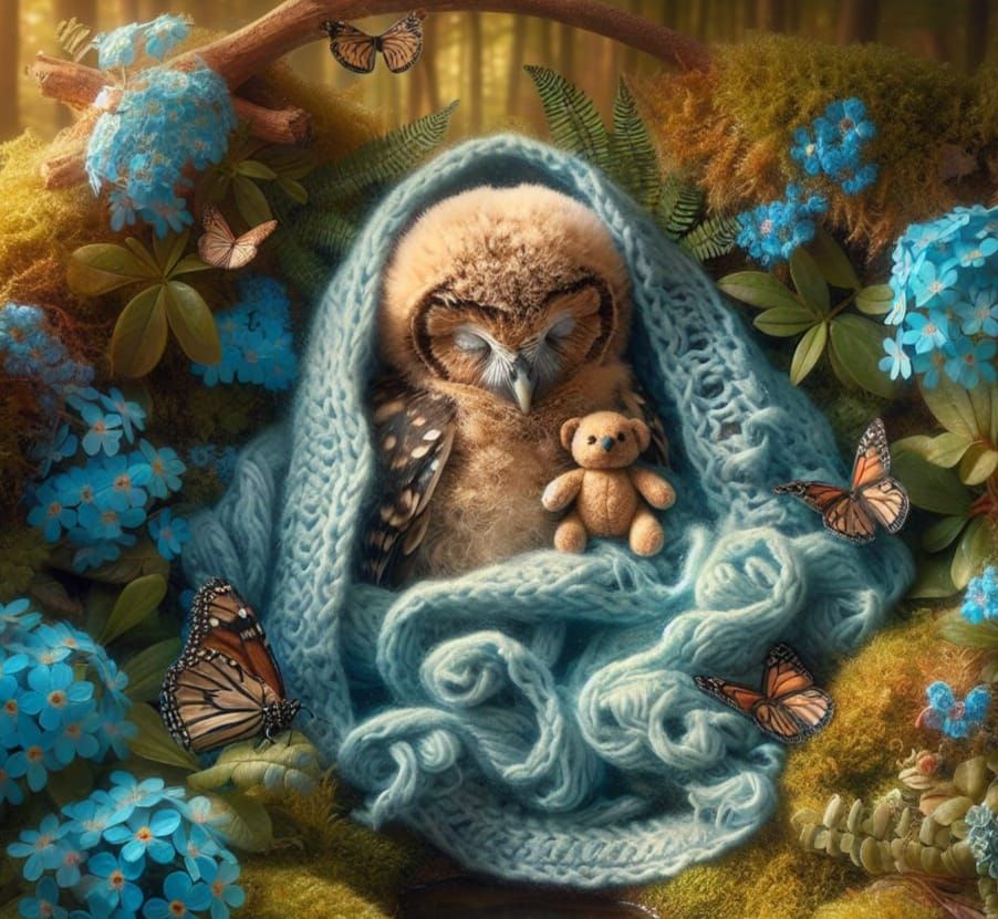 Snoozing Baby Owl in Whimsical Forest Scene