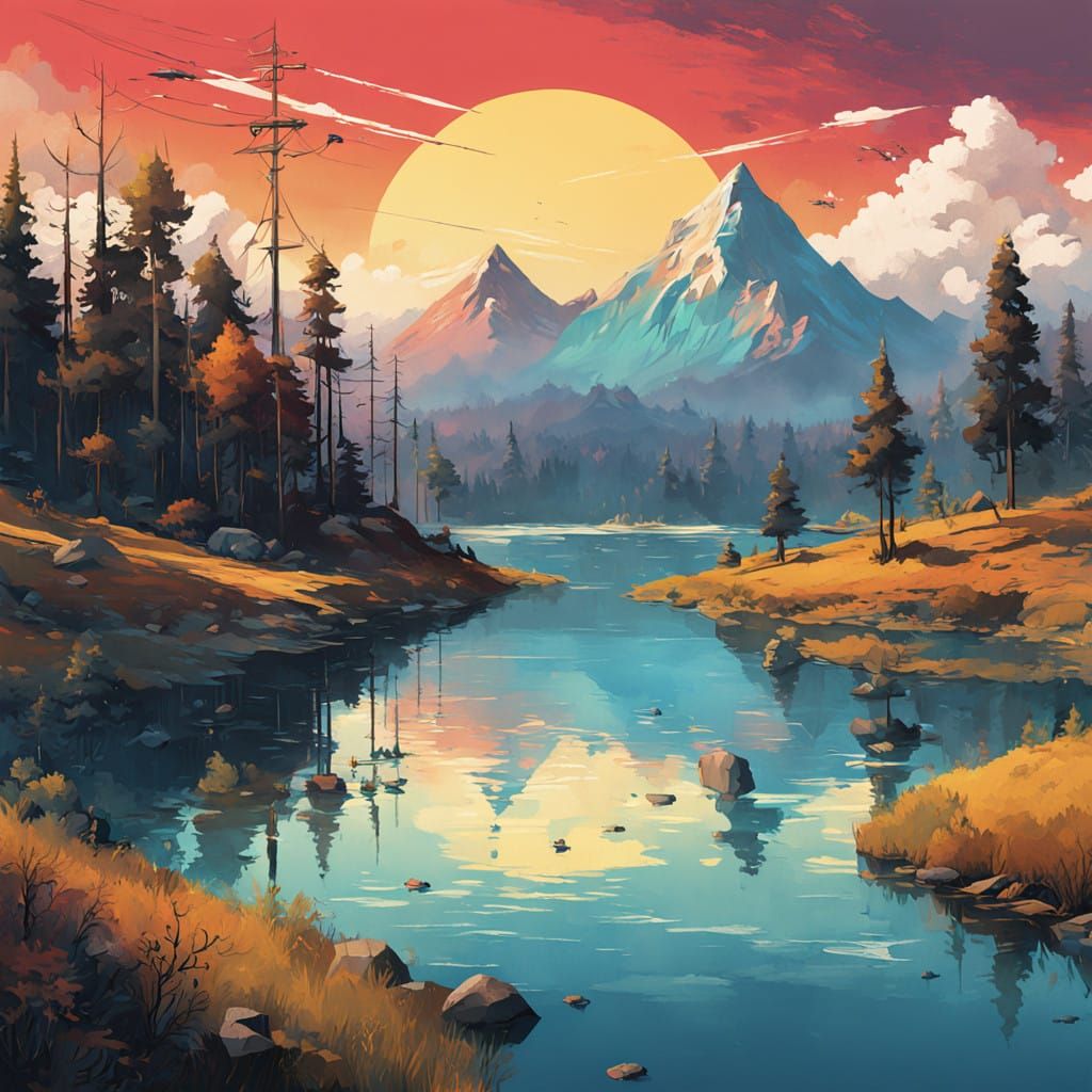 Whimsical Digital Landscape with Textured Hills and Serene L...