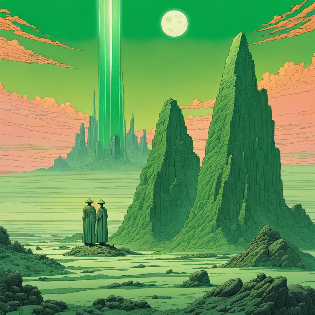 Alien Wizards on Jade Monolith in Moebius Style