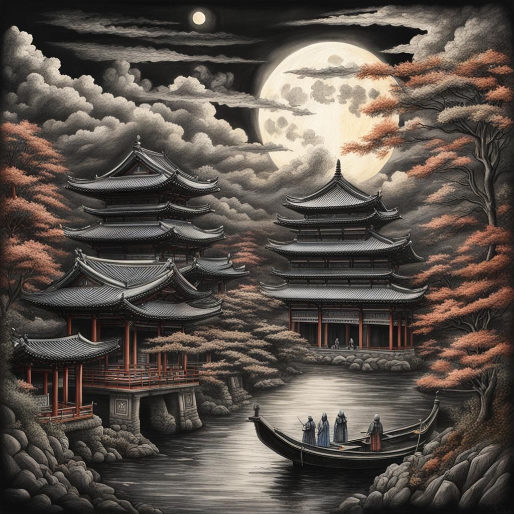Ancient Japan During a Dual Eclipse: Charcoal Drawing