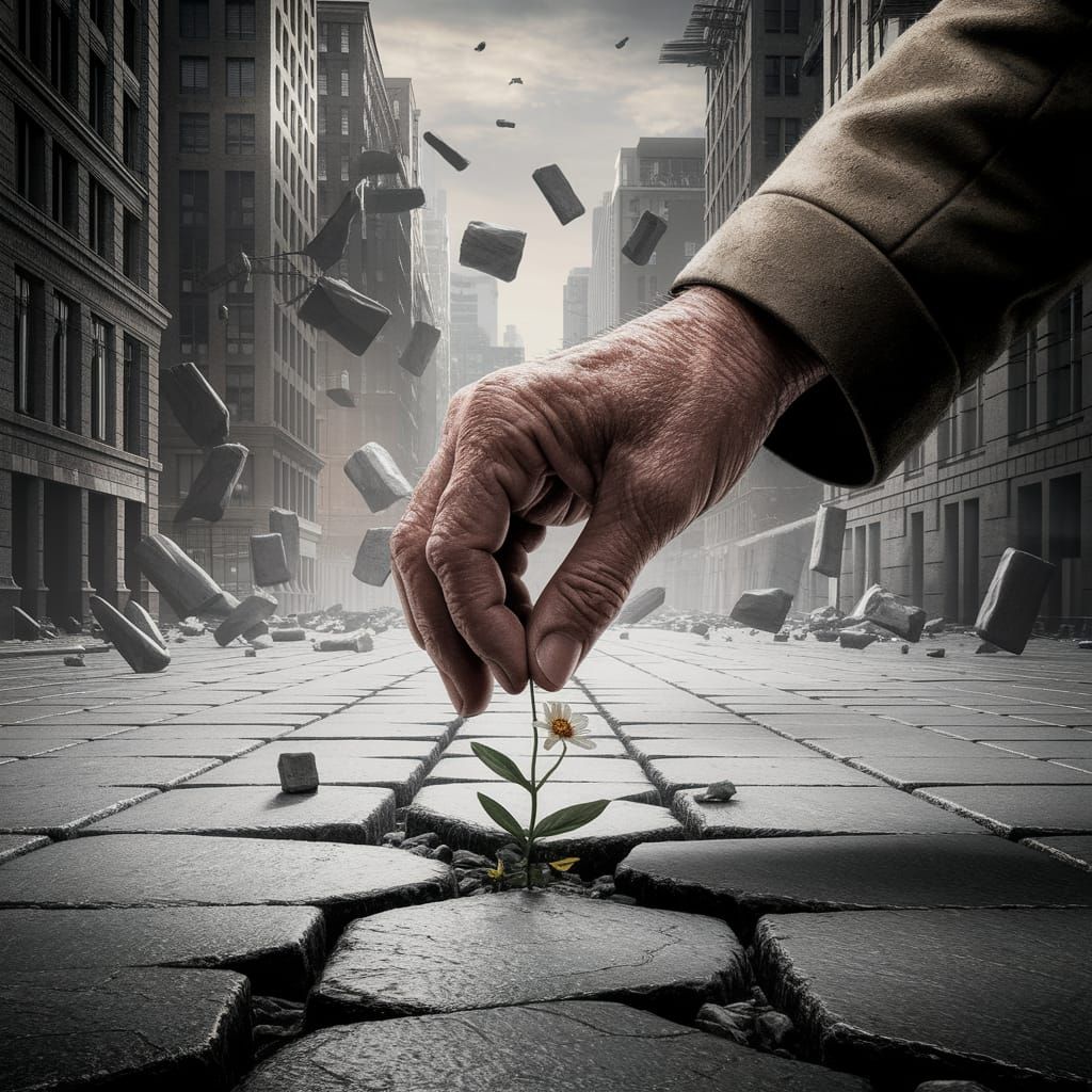 Hand Picking Flower Amidst Ruins