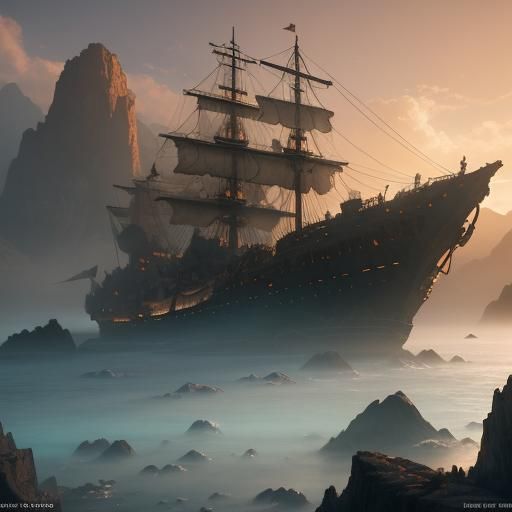 Crashed Silver Ship on Rock in High-Fantasy Style
