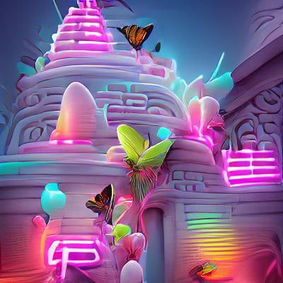 Neon Jungle Temple with Butterflies in 3D