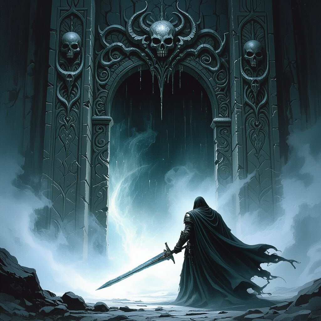 Spectral Warrior Guards Underworld Gate in Dark Fantasy Styl...
