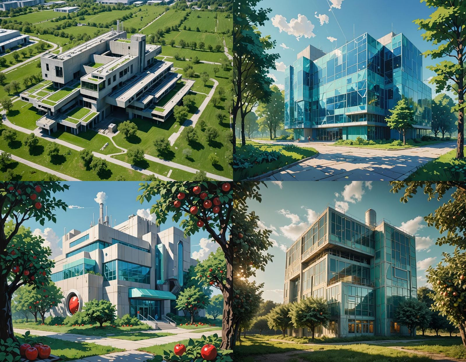 Futuristic Factory Building Amidst Apple Orchard