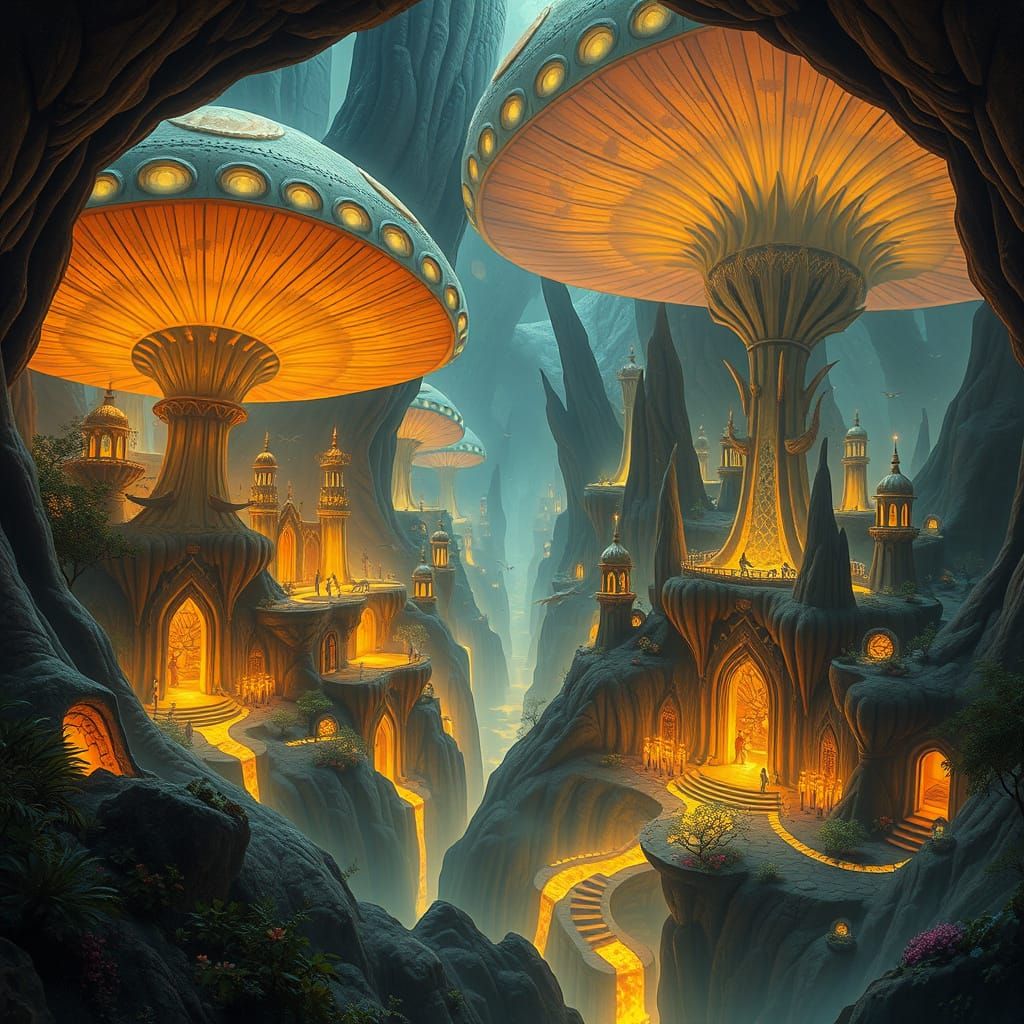 Ancient City Inside Giant Bioluminescent Mushroom