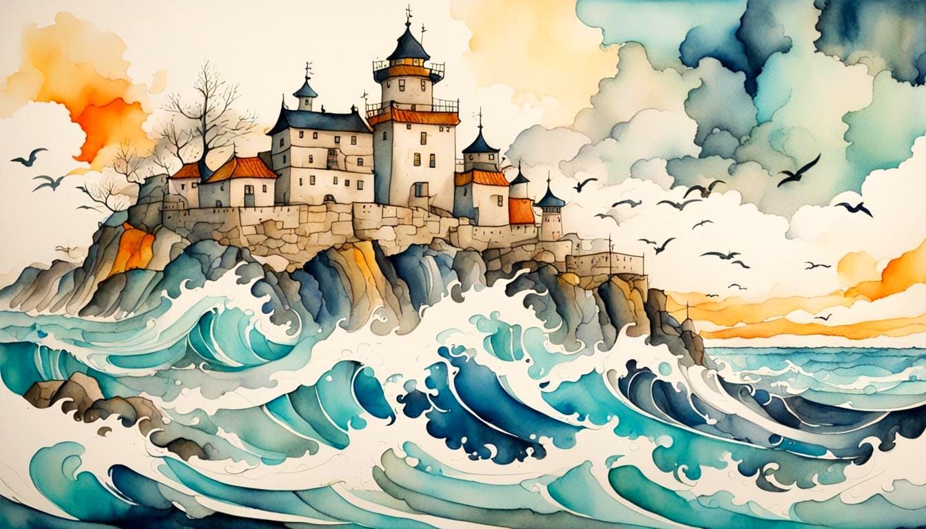 Sailboat in Rough Sea: Intricate Ink and Watercolor Doodle