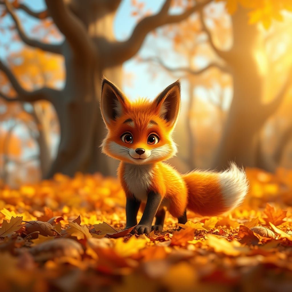 Fox Cub Plays in Autumn Leaves: 3D Digital Art