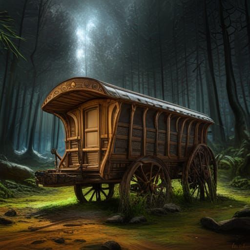 Ornate Vardo Wagon in Forest: Charcoal Drawing