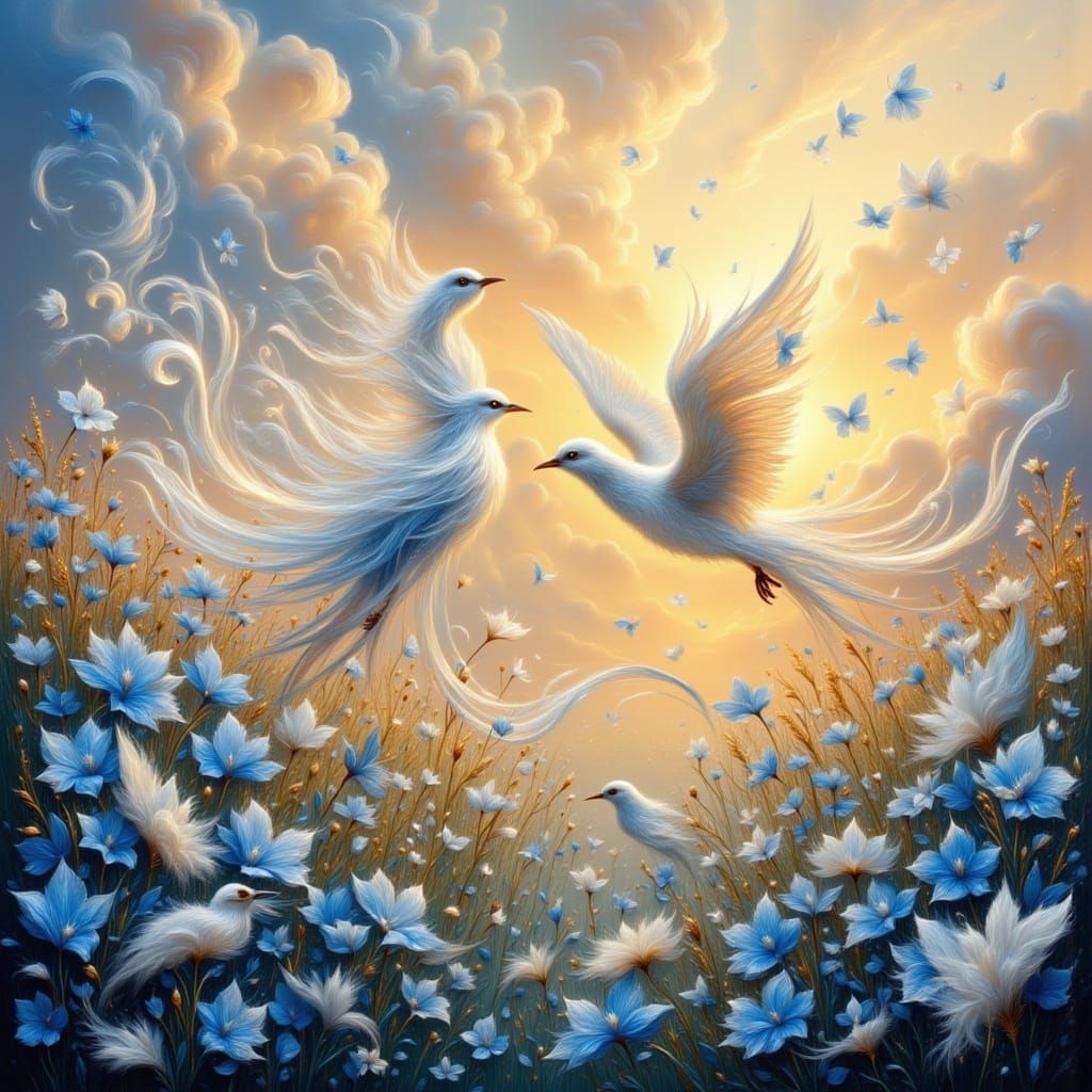 Birds Dancing in Blue Flower Field, Ethereal Art