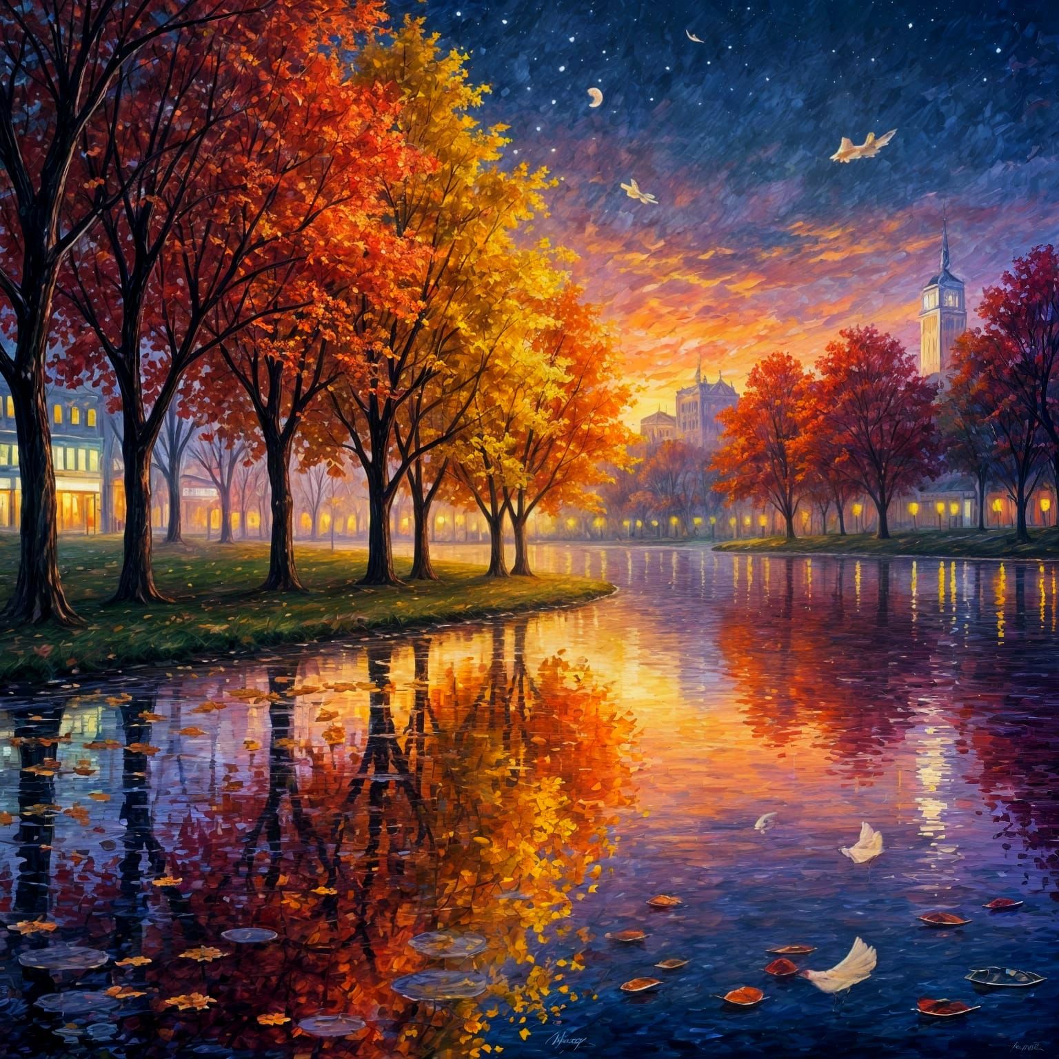 Surreal Autumn Cityscape Reflecting Dreamy Lights as Impasto...