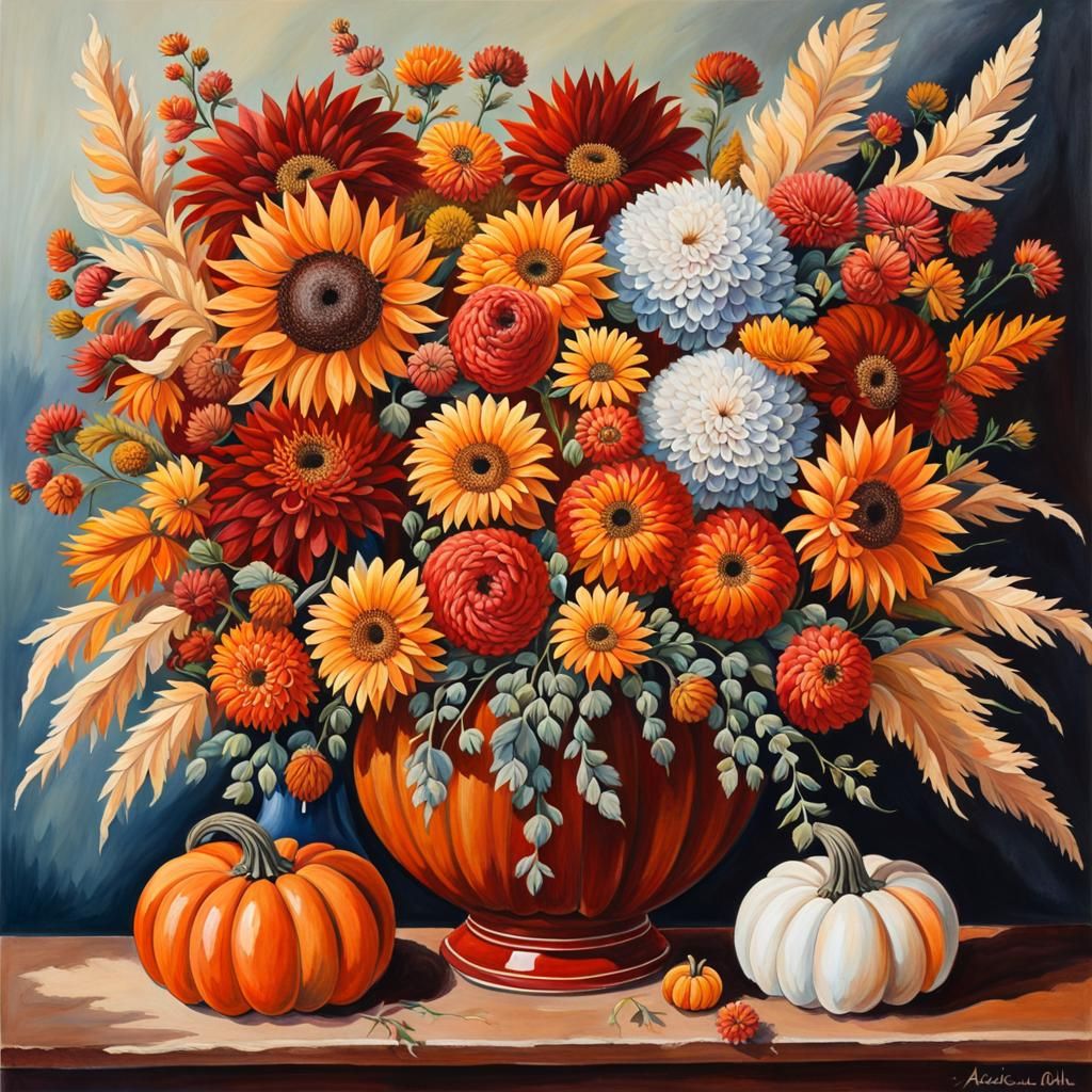 Autumn Flower Arrangement in Antique Vase: Gouache Painting