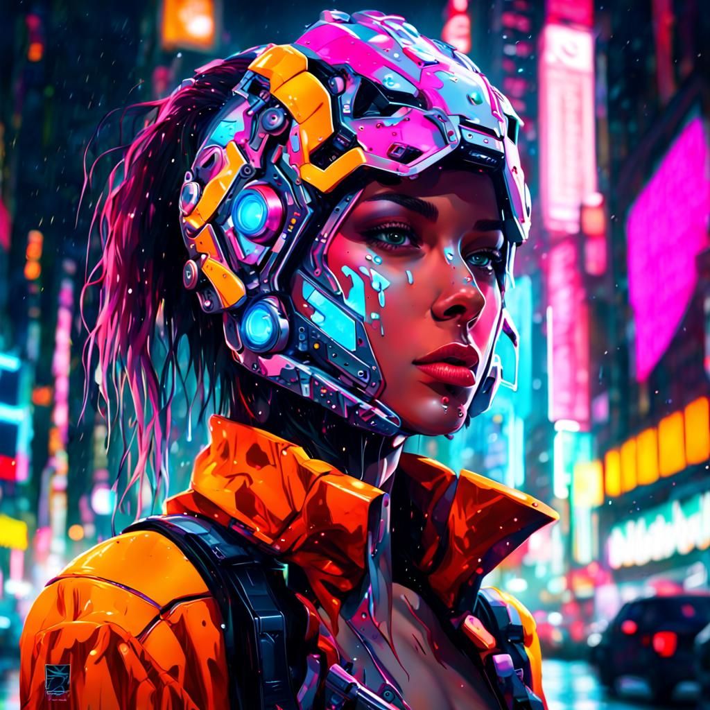 Cyborg Girl Portrait in Neon City Graffiti Art