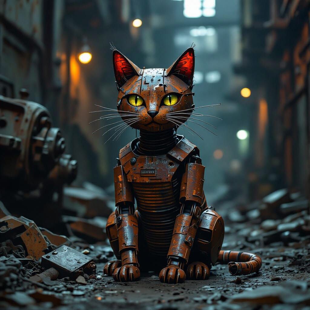 Scrap Metal Cat in Industrial Alley, Cyberpunk Aesthetic
