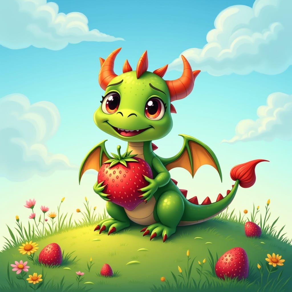 Whimsical Disney-Inspired Cartoon Dragon Enjoys Strawberry D...