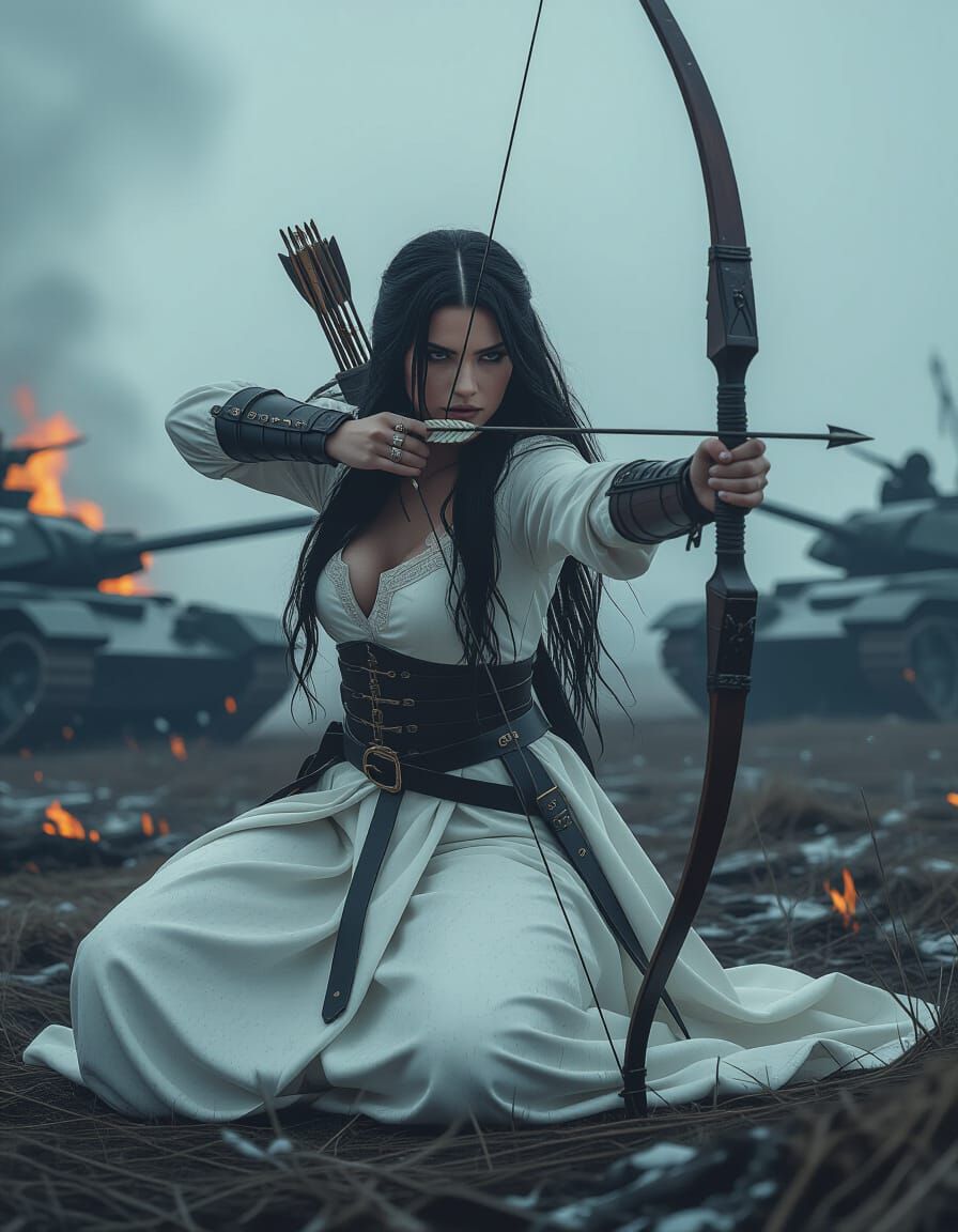 Medieval Woman Warrior in Battlefield, Hyperrealistic Style