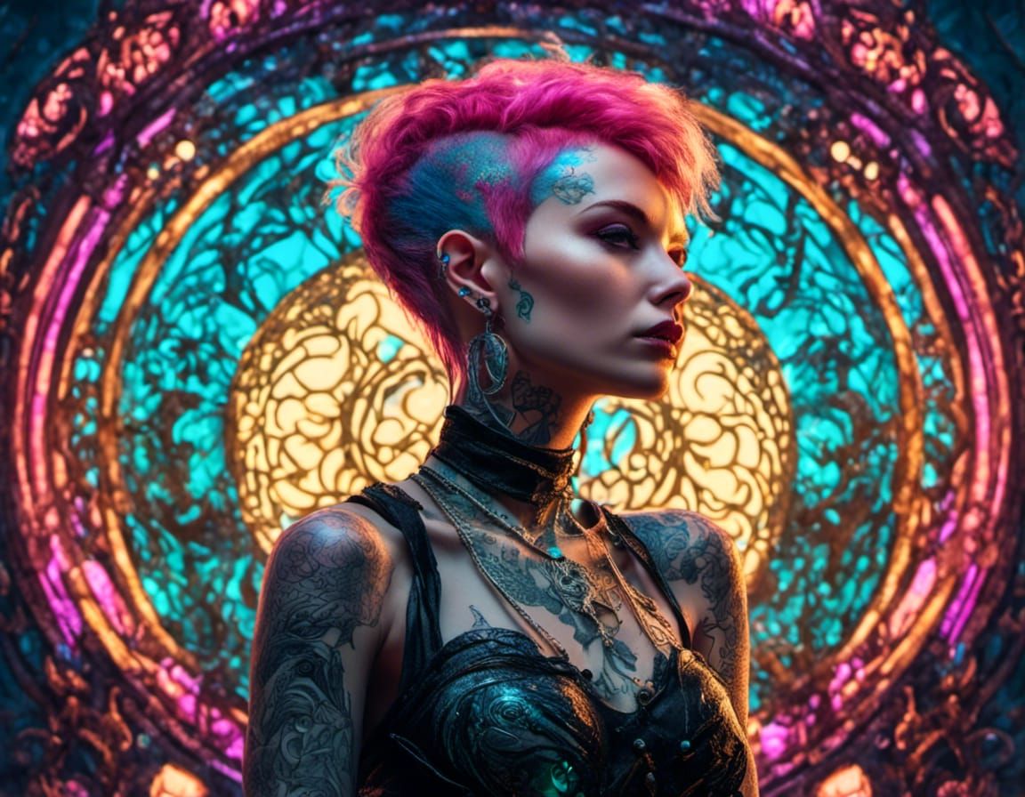 Gothic Punk Woman Portrait with Neon Glow