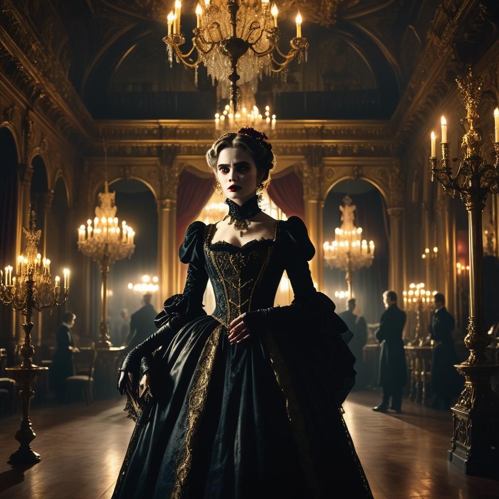 Victorian Vampire in Ornate Ballroom: Cinematic Still