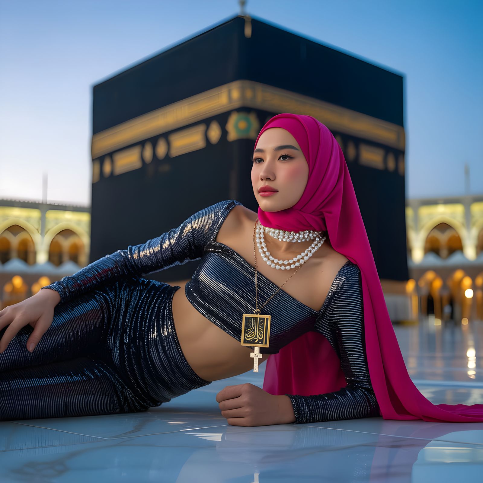 Asian Woman in Catsuit and Hijab at the Ka'bah