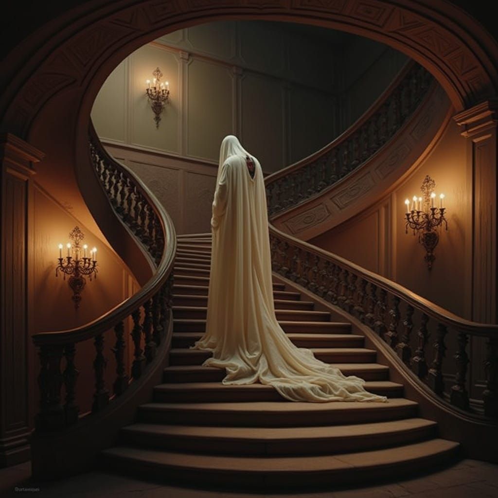Ethereal Gothic Figure Descends a Grand Staircase