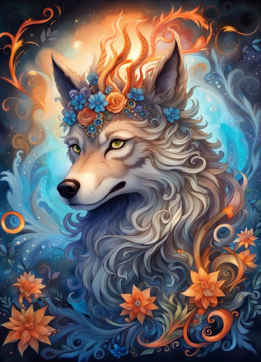 Fiery Fantasy Wolf Portrait in Anime Style
