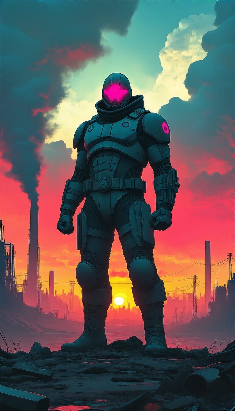 Cosmic Warrior on Dystopian Earth in Dark Fantasy Style