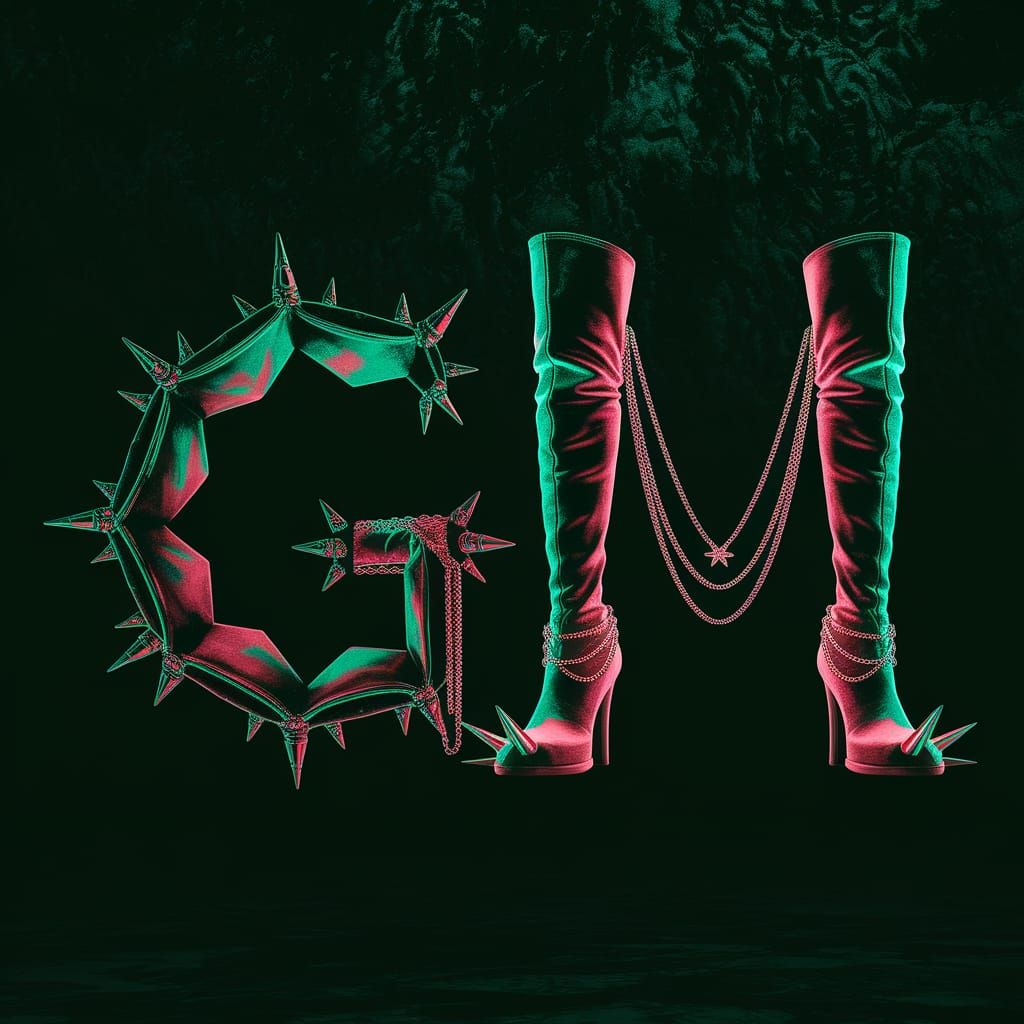 Gothic Boots Form Letters 'GM' in Neon-Lit Dark Art