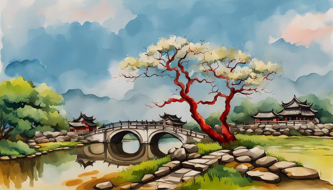 Watercolor Stone Bridge and Vietnamese Building