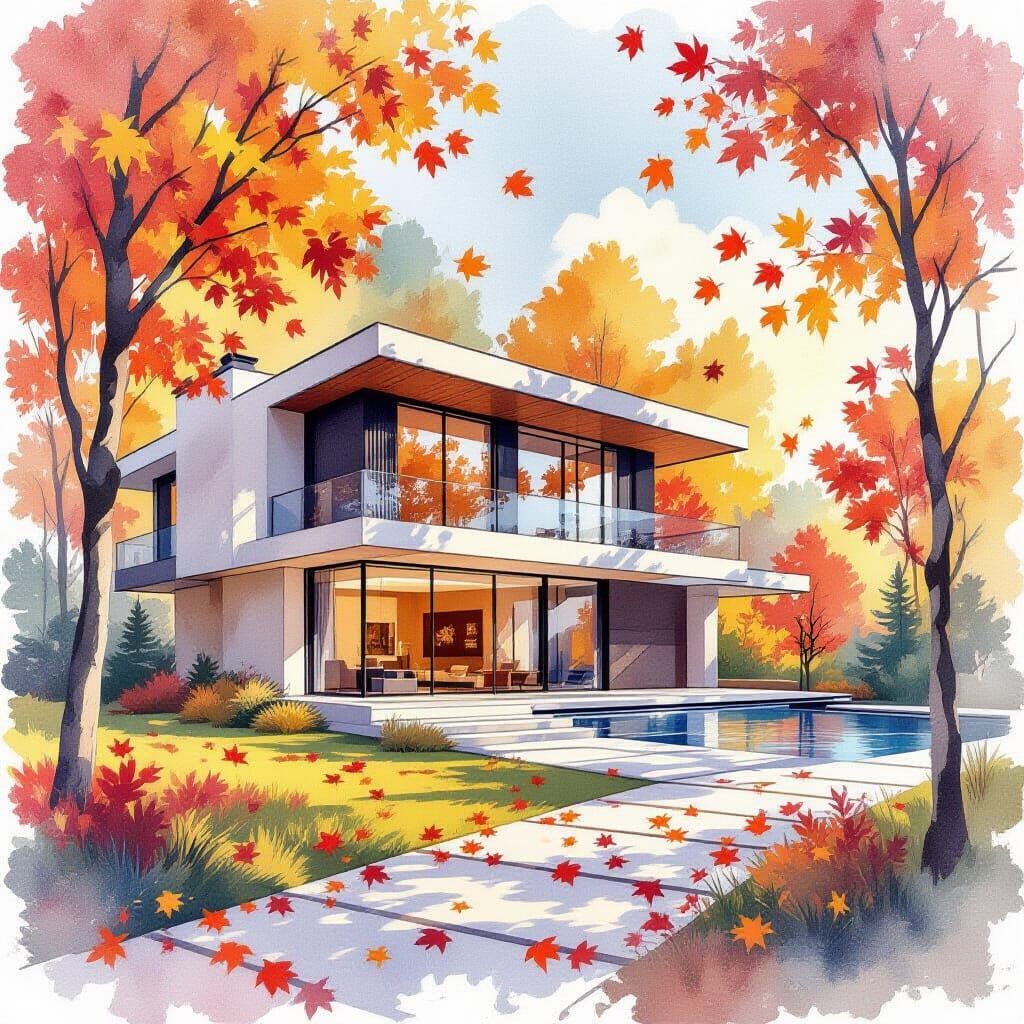 Autumn Leaves Swirl Around Modern Villa in Watercolor Style