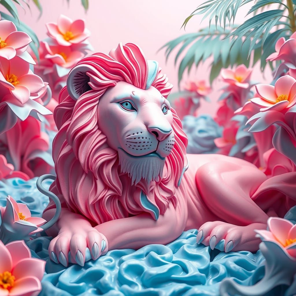 Ice Cream Lion in a Pastel Jungle