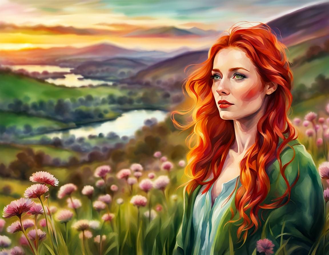 Irish Woman in Spring Sunset: Watercolor Illustration