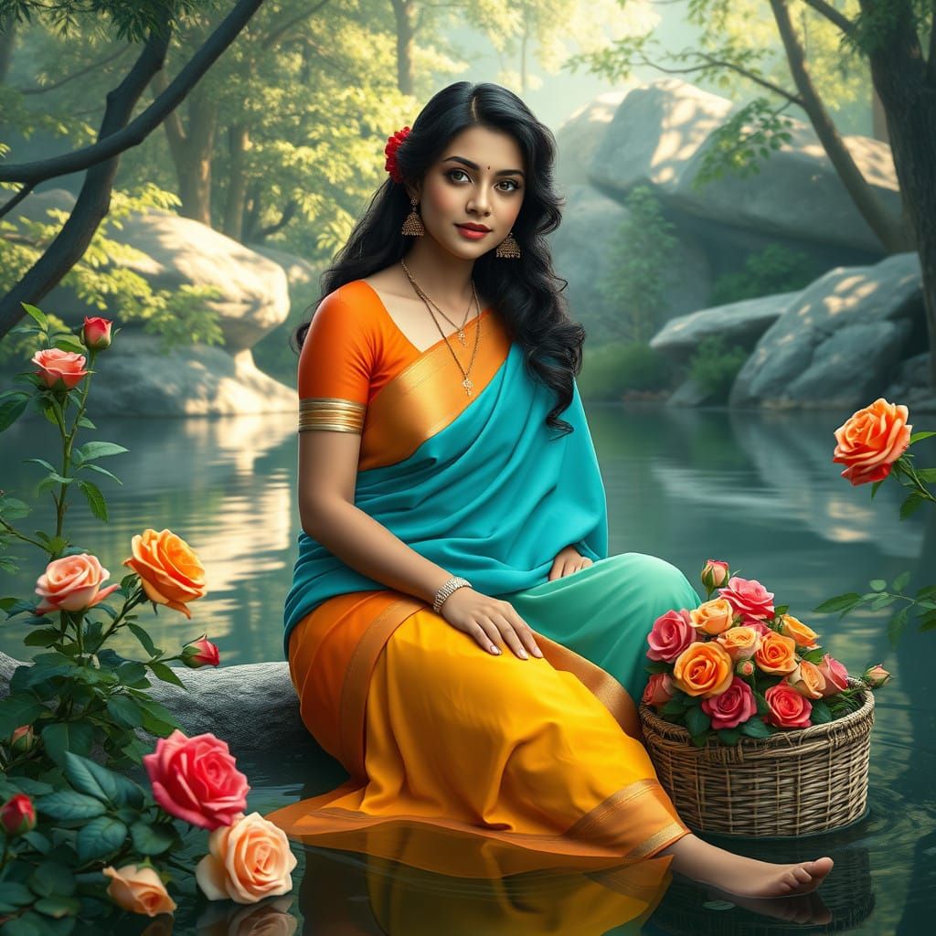 Serene South Asian Woman in Vibrant Forest Setting
