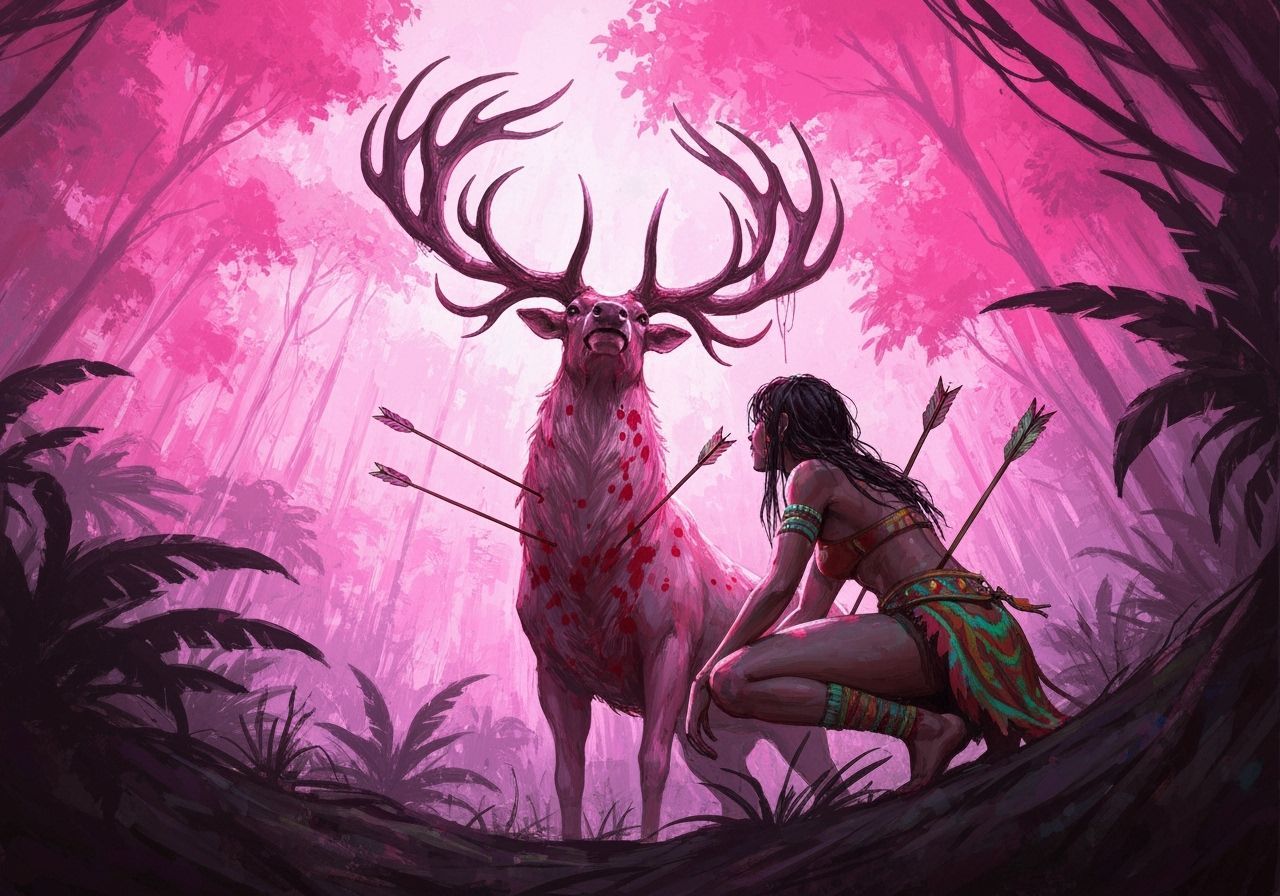 Tribal Hunter Confronts Bioluminescent Jungle Deer