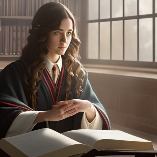 Hermione Granger Reading: Hyperdetailed Portrait in Library
