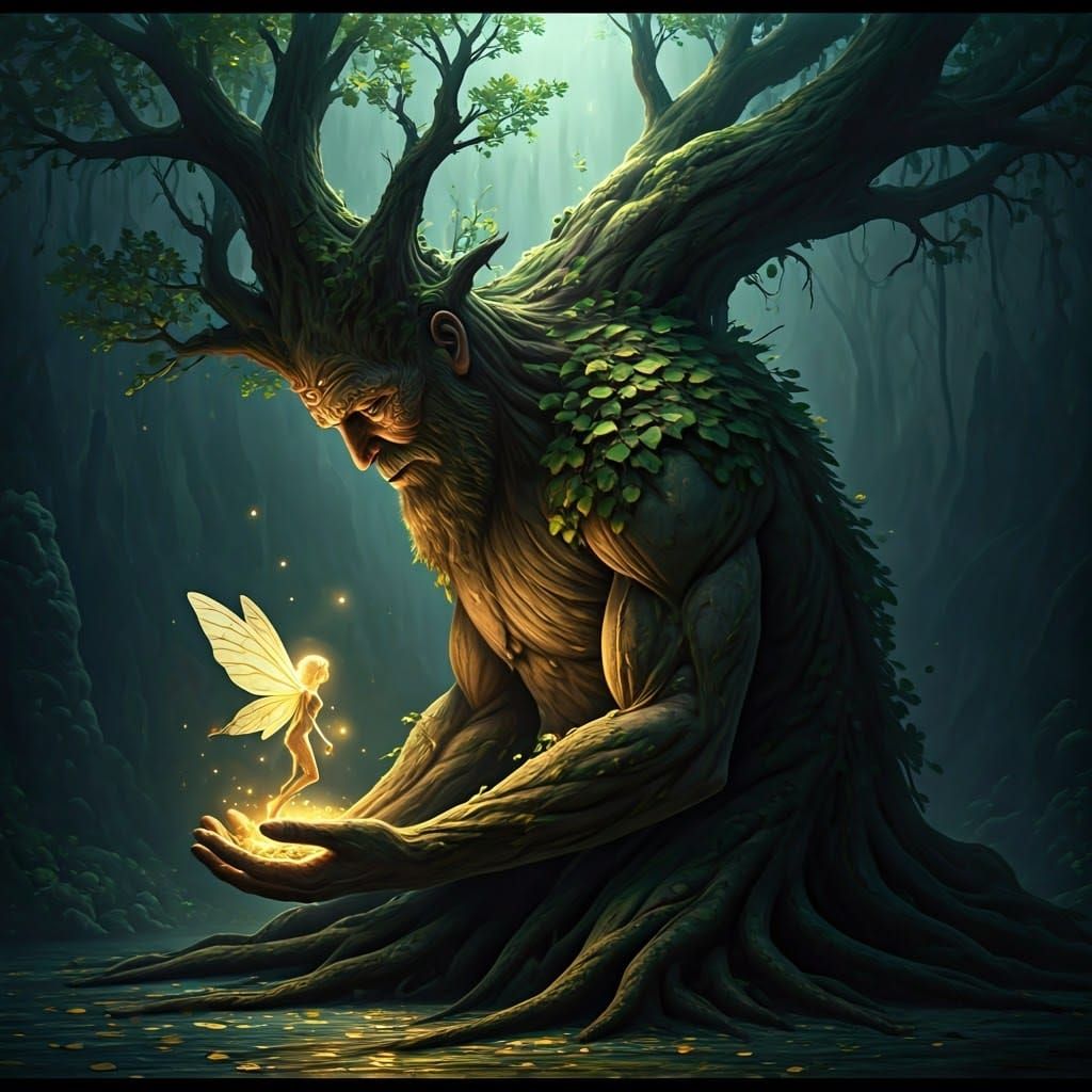 Tree Man with Fairy, Cinematic Film Still in 35mm