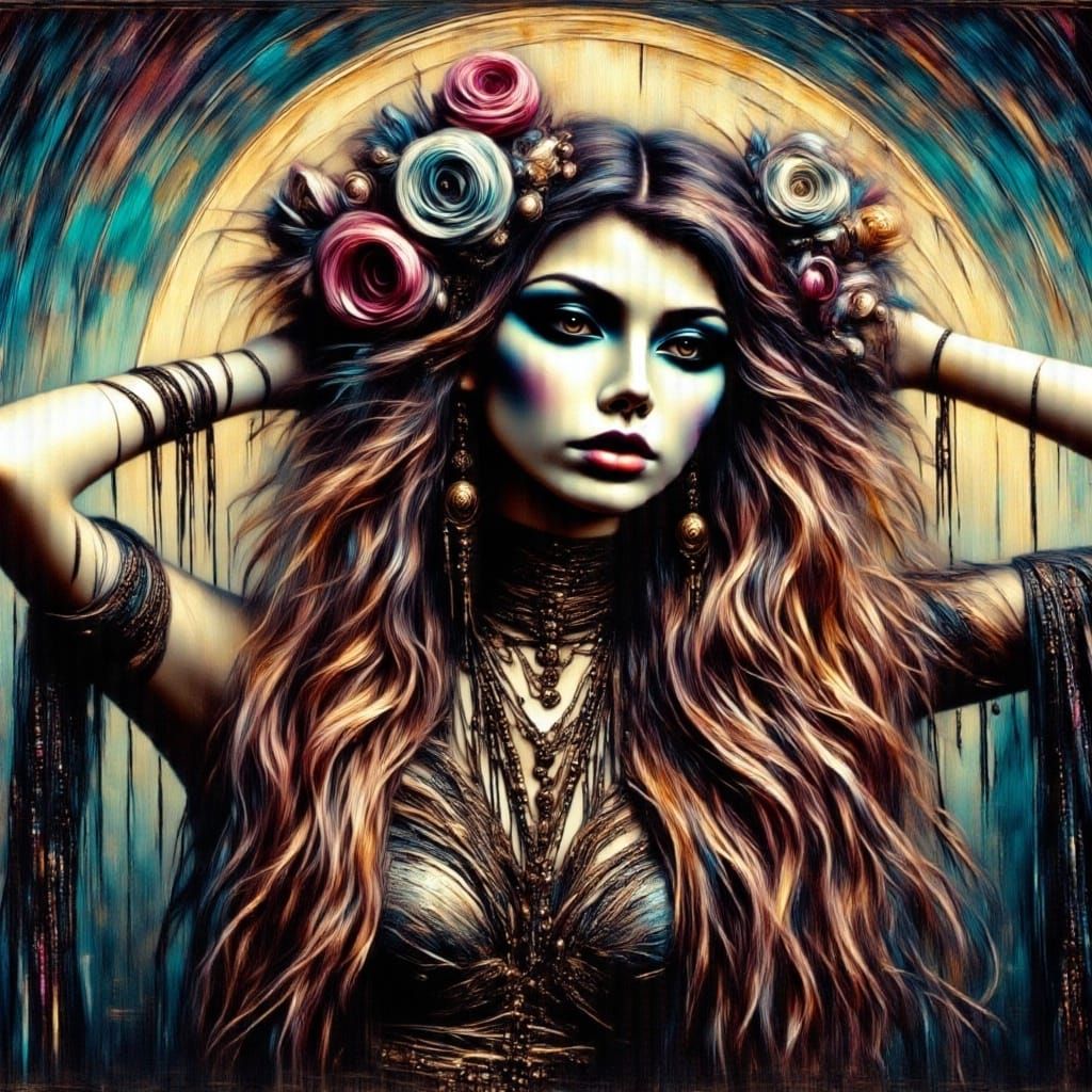 Romantic Goth Woman Reaching for Moonlit Sky