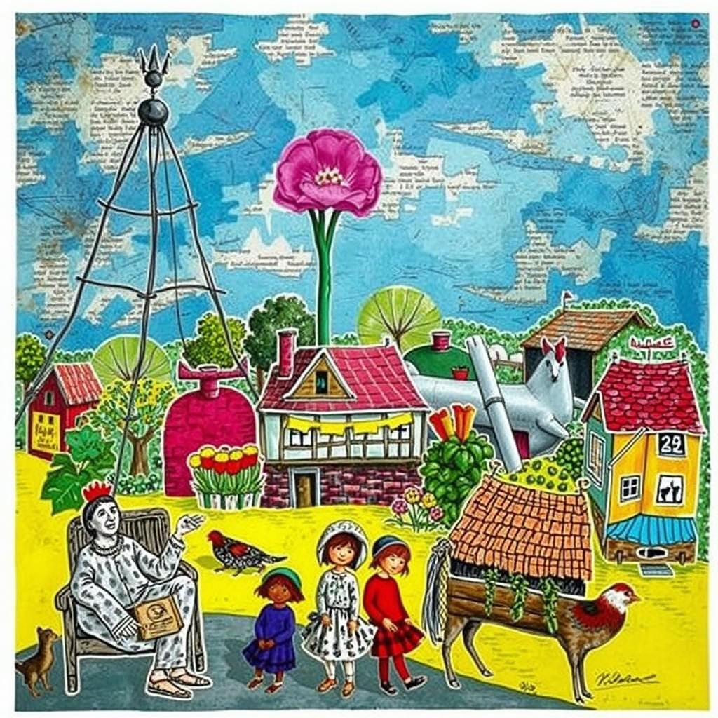 Charming Naive Mixed Media Village Scene