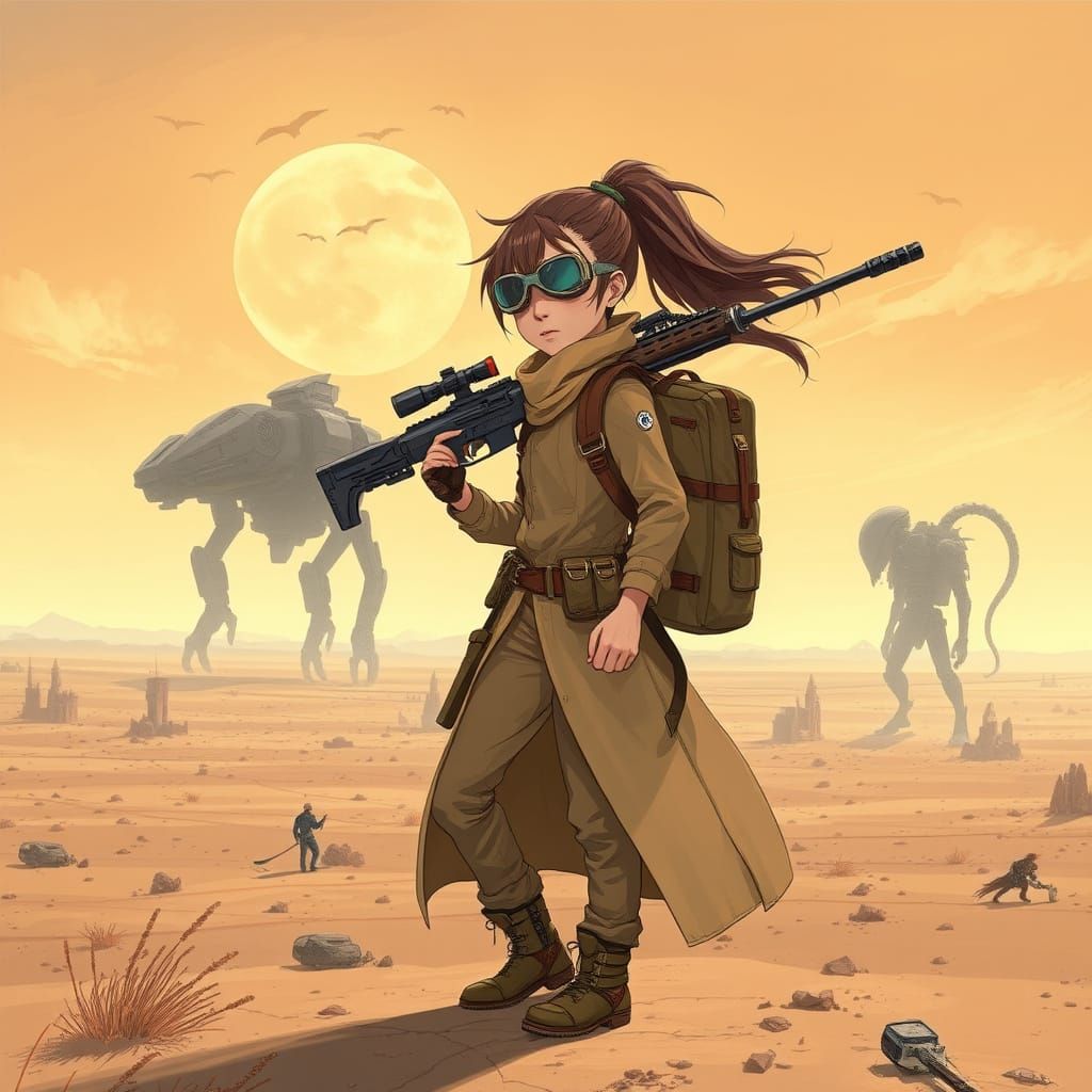 Nomadic Warrior Girl in Desertpunk Sci-Fi Landscape