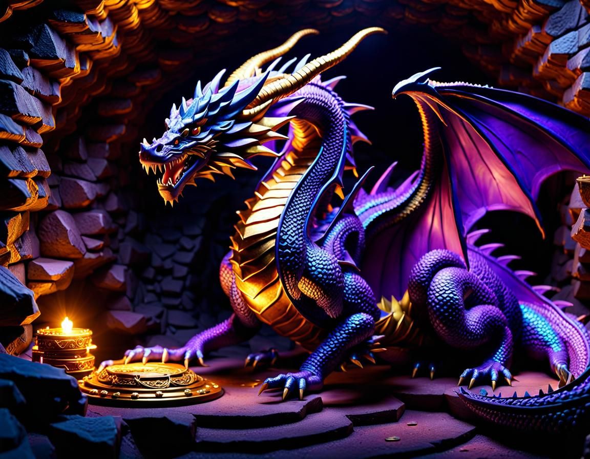 Iridescent Dragon's Treasure Lair in Dark Fantasy Style