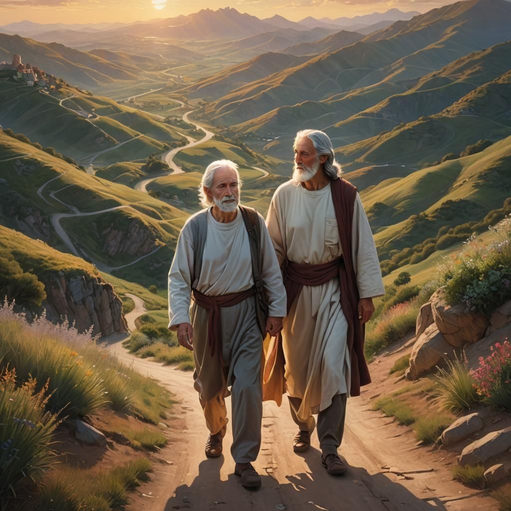 Elderly Person Guided by Jesus Christ at Sunset