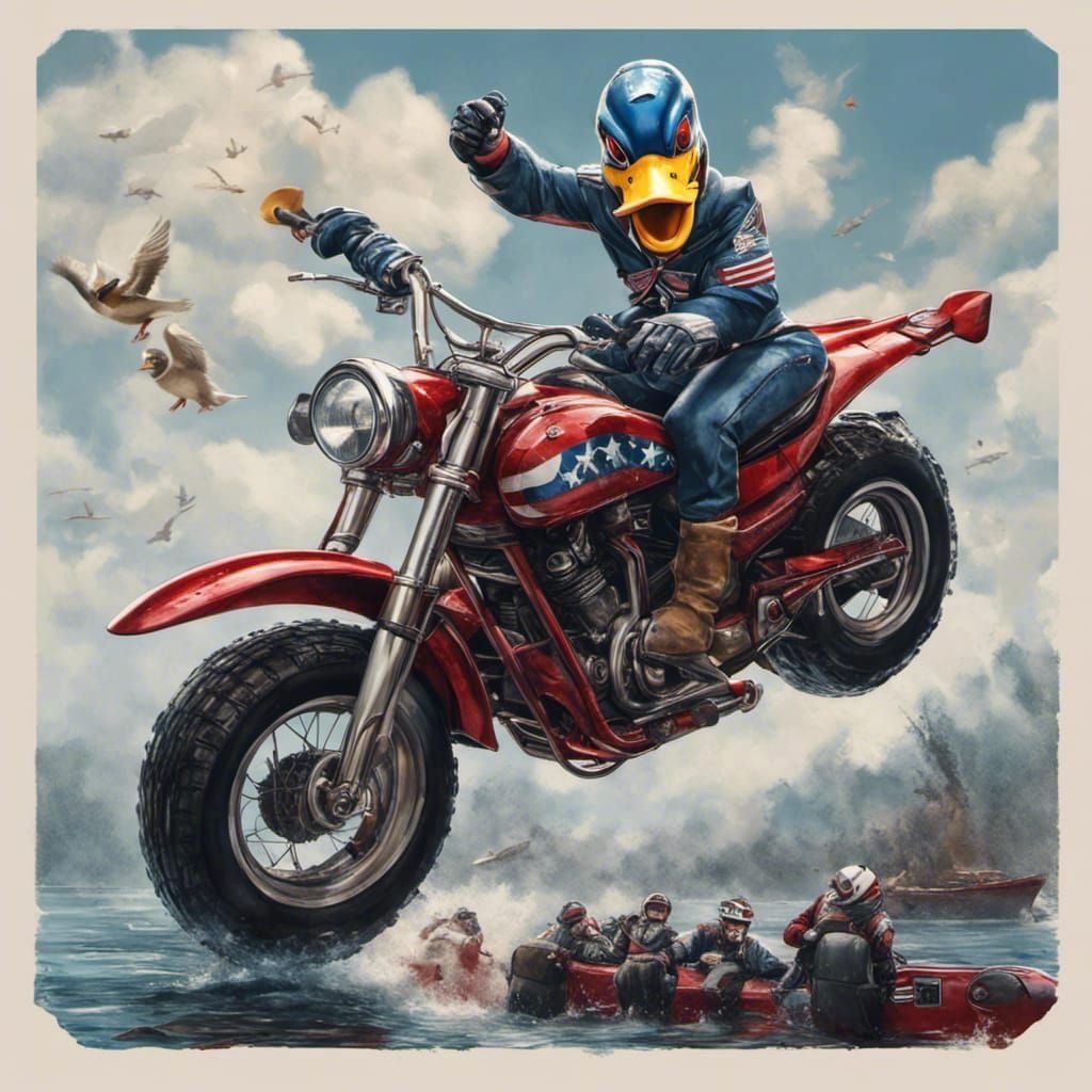 Duck Daredevil Motorcycle Jump Over Boats