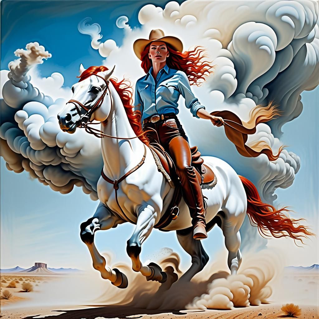 Surreal Cowgirl on White Horse, Salvador Dali Style