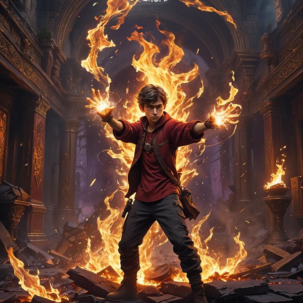 Boy with Fire Powers in Dark Fantasy Style