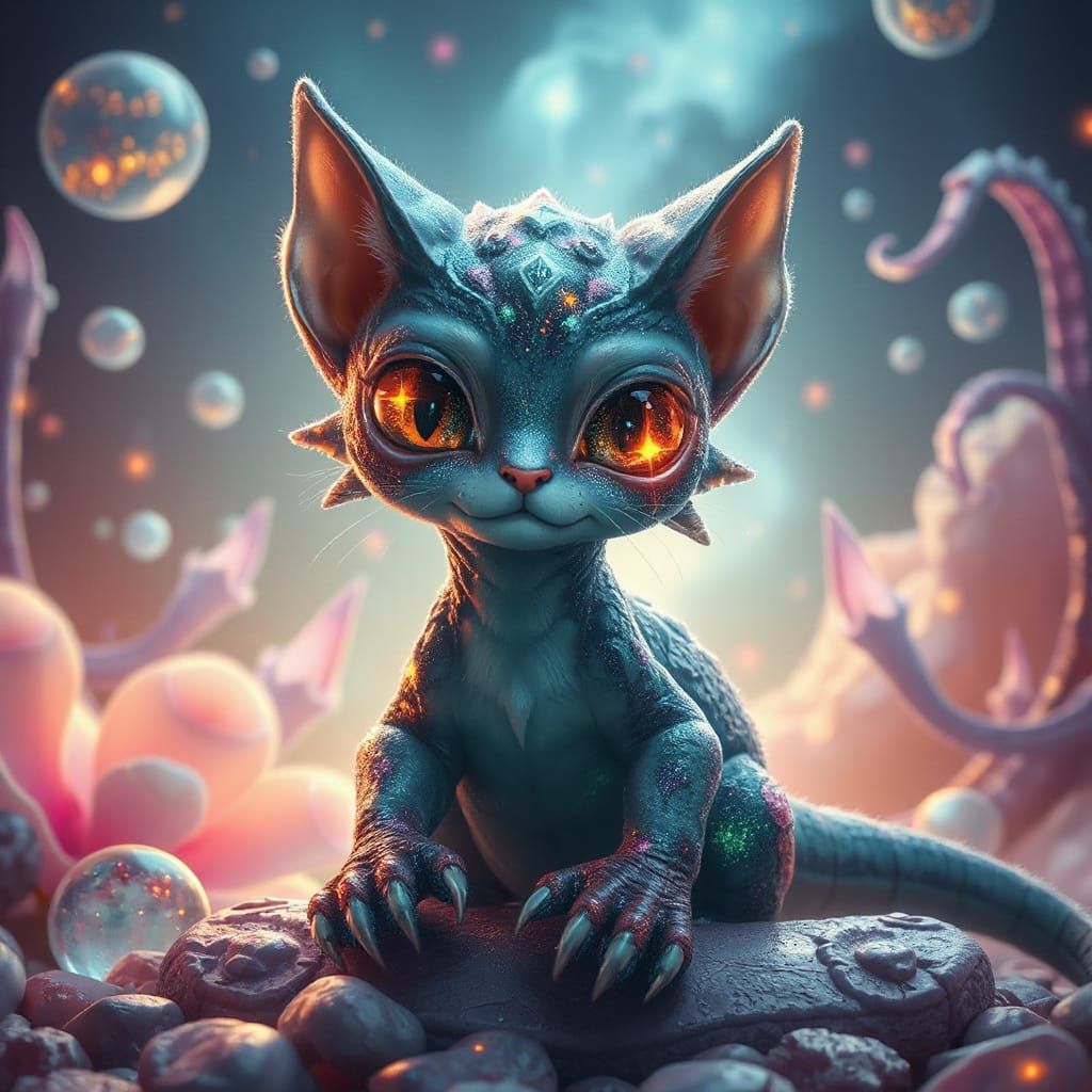 Cosmic Cat-Dragon Pet in a Surreal Alien Landscape