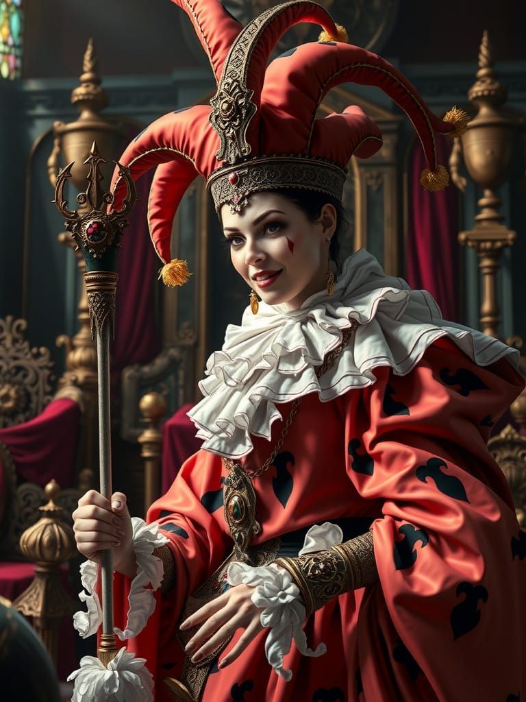 Medieval Jester Performs for the Royal Court in Vibrant, Hyp...